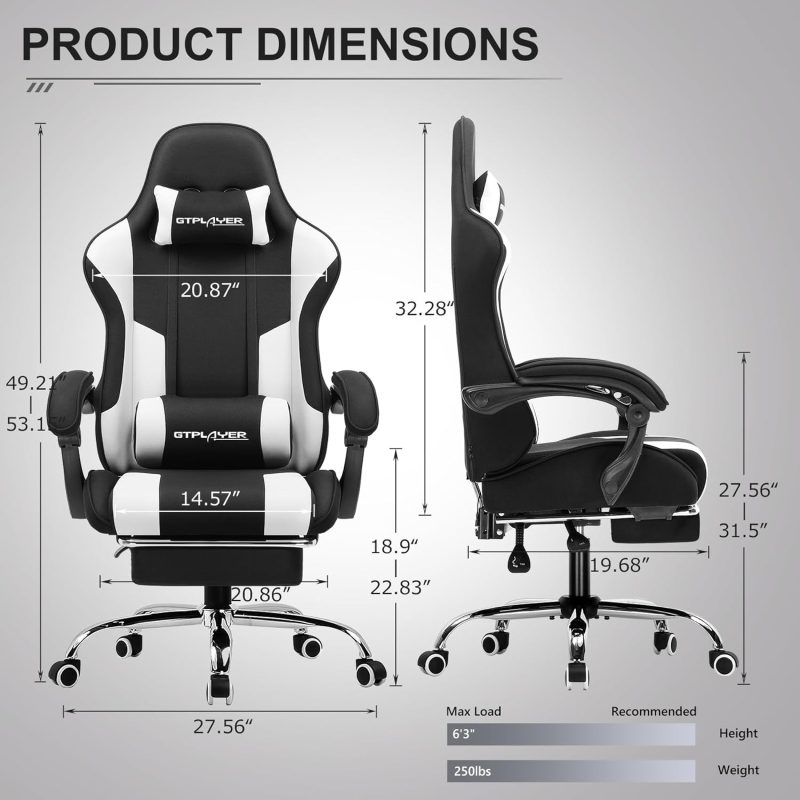 GTPLAYER Gaming Chair, Computer Chair with Footrest and Lumbar Support, Height Adjustable Game Chair with 360  -Swivel Seat and Headrest and for Office or Gaming (White) - Image 49