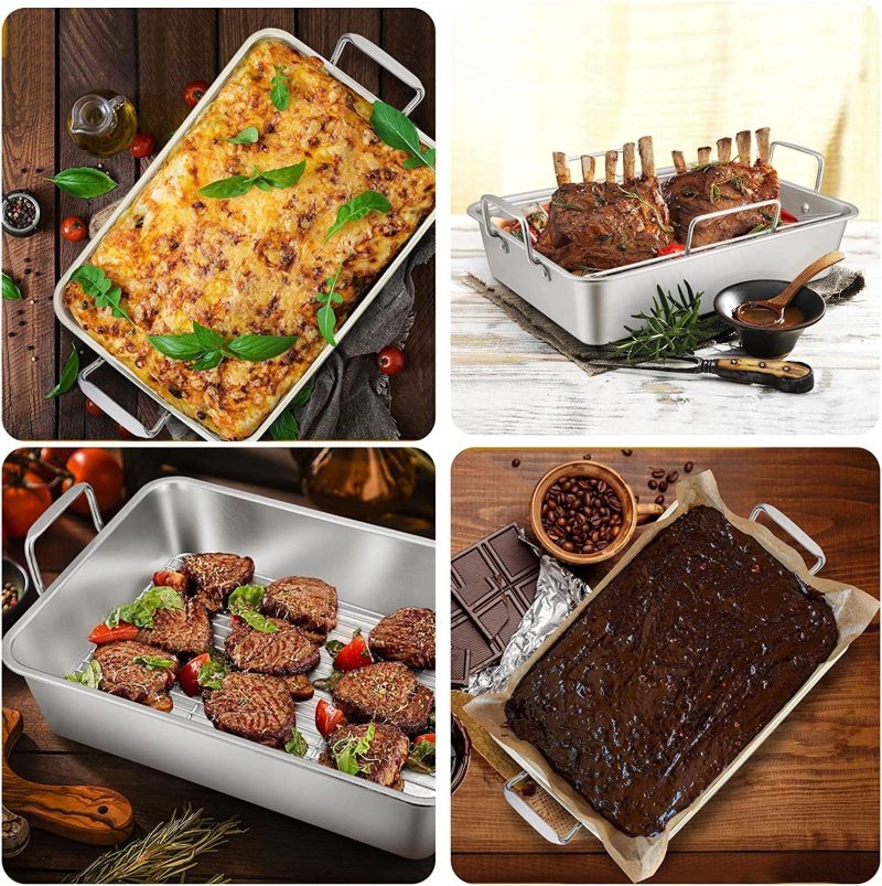 151⁄4” Roasting Pan with Rack, 7 PCS  Stainless Steel Roaster, Lasagna Pan with Cooling Flat & V-Shaped Baking Rack, Grilling Chicken Holder, Meat Shredding Claws, - Image 4