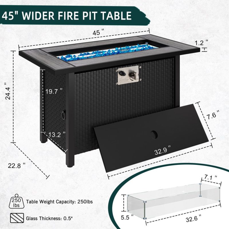 Walsunny 45" Propane Fire Pit Table 50,000 BTU Steel Gas Fire Pit with Lid and Lava Rock Rectangular - Image 4