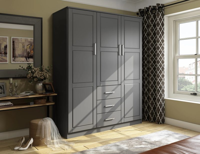 100% Solid Wood Cosmo 3-Door Wardrobe with Raised Panel Doors, Gray - Palace Imports 7115D - MadeInUSA - Image 2
