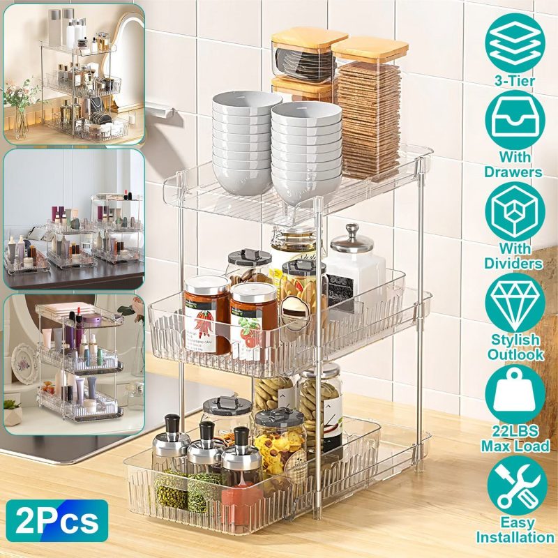 2 Sets-  3-Tier Clear Kitchen Organizer with Dividers - Image 16