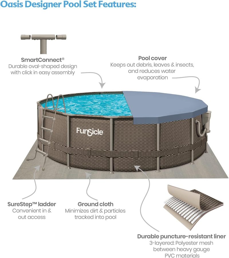 Funsicle 16ft x 48in Round Oasis Designer Above Ground Pool, Dark Double Rattan with SkimmerPlus Filter Pump & Ladder - MadeInUSA - Image 3